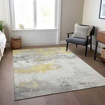 8' X 10' Gold And Gray Abstract Washable Indoor Outdoor Area Rug