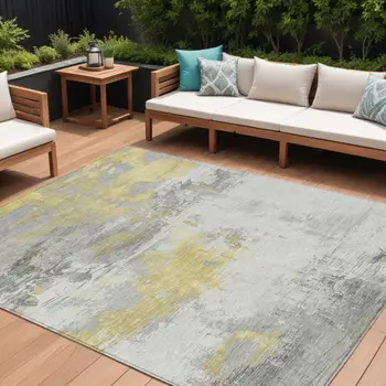 9' X 12' Gold And Gray Abstract Washable Indoor Outdoor Area Rug