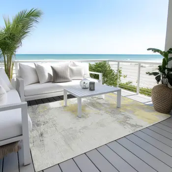 10' X 14' Gold And Gray Abstract Washable Indoor Outdoor Area Rug