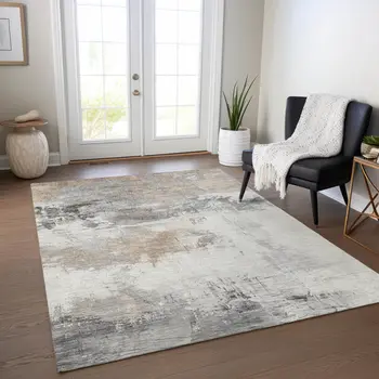 5' X 8' Ivory And Gray Abstract Washable Indoor Outdoor Area Rug