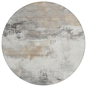 8' Ivory And Gray Round Abstract Washable Indoor Outdoor Area Rug