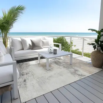 9' X 12' Ivory And Gray Abstract Washable Indoor Outdoor Area Rug