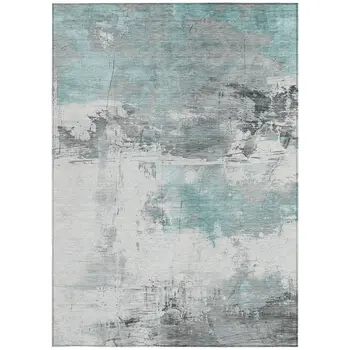 3' X 5' Teal Blue And Gray Abstract Washable Indoor Outdoor Area Rug