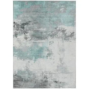 3' X 5' Teal Blue And Gray Abstract Washable Indoor Outdoor Area Rug