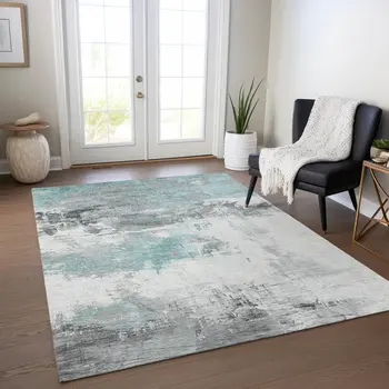 3' X 5' Teal Blue And Gray Abstract Washable Indoor Outdoor Area Rug