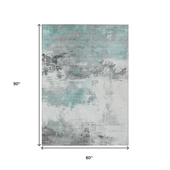 5' X 8' Teal Blue And Gray Abstract Washable Indoor Outdoor Area Rug