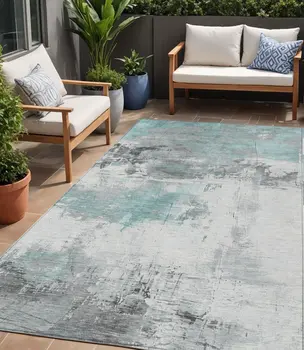 5' X 8' Teal Blue And Gray Abstract Washable Indoor Outdoor Area Rug