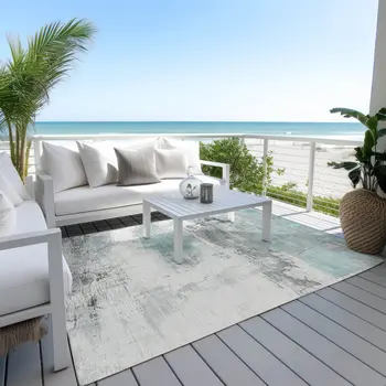 5' X 8' Teal Blue And Gray Abstract Washable Indoor Outdoor Area Rug