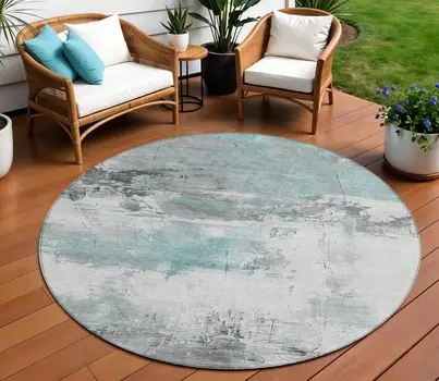 8' Teal Blue And Gray Round Abstract Washable Indoor Outdoor Area Rug