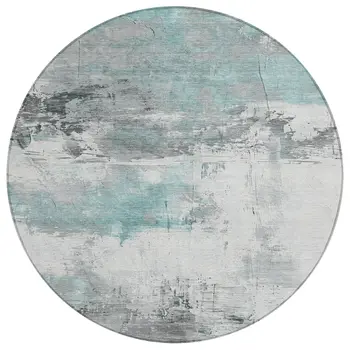8' Teal Blue And Gray Round Abstract Washable Indoor Outdoor Area Rug