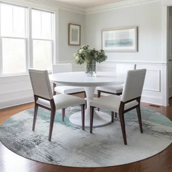 8' Teal Blue And Gray Round Abstract Washable Indoor Outdoor Area Rug