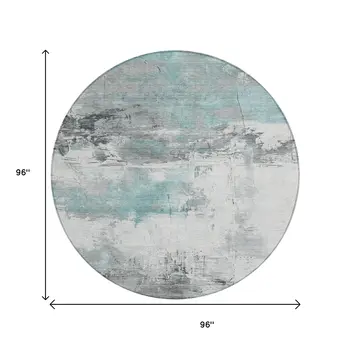 8' Teal Blue And Gray Round Abstract Washable Indoor Outdoor Area Rug