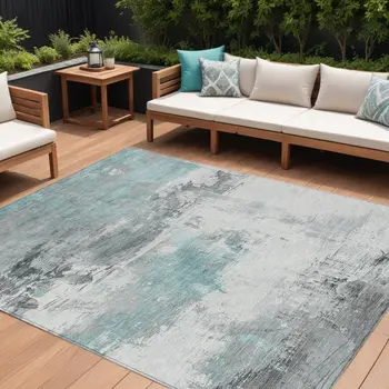 8' X 10' Teal Blue And Gray Abstract Washable Indoor Outdoor Area Rug