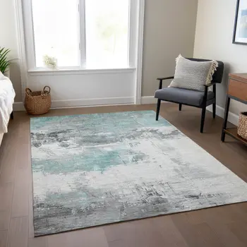 8' X 10' Teal Blue And Gray Abstract Washable Indoor Outdoor Area Rug