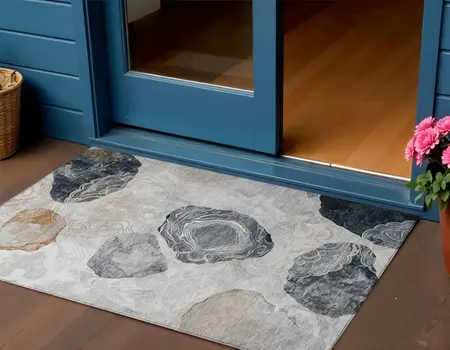 3' X 5' Gray Silver And Gold Floral Washable Indoor Outdoor Area Rug