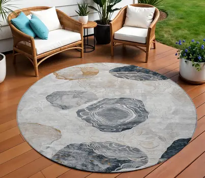 8' Gray Silver And Gold Round Floral Washable Indoor Outdoor Area Rug