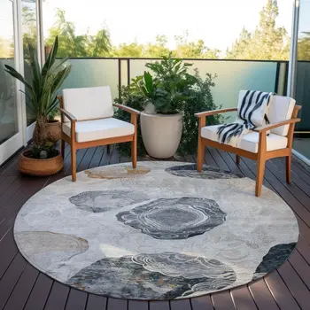 8' Gray Silver And Gold Round Floral Washable Indoor Outdoor Area Rug