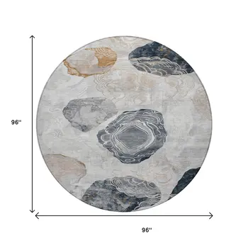 8' Gray Silver And Gold Round Floral Washable Indoor Outdoor Area Rug