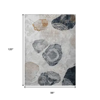 8' X 10' Gray Silver And Gold Floral Washable Indoor Outdoor Area Rug