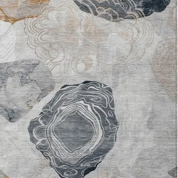 8' X 10' Gray Silver And Gold Floral Washable Indoor Outdoor Area Rug