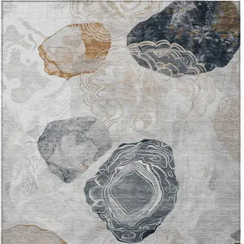 9' X 12' Gray Silver And Gold Floral Washable Indoor Outdoor Area Rug
