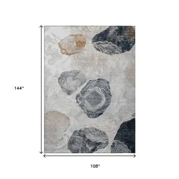 9' X 12' Gray Silver And Gold Floral Washable Indoor Outdoor Area Rug