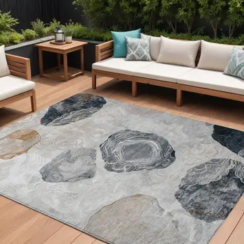 9' X 12' Gray Silver And Gold Floral Washable Indoor Outdoor Area Rug