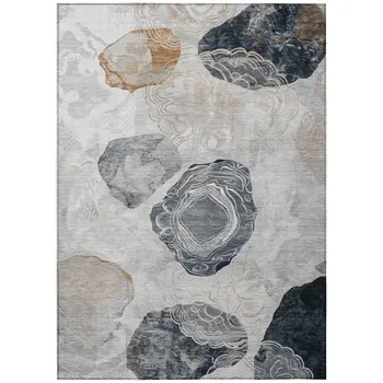 9' X 12' Gray Silver And Gold Floral Washable Indoor Outdoor Area Rug