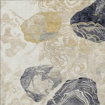 3' X 5' Ivory Gold And Gray Floral Washable Indoor Outdoor Area Rug