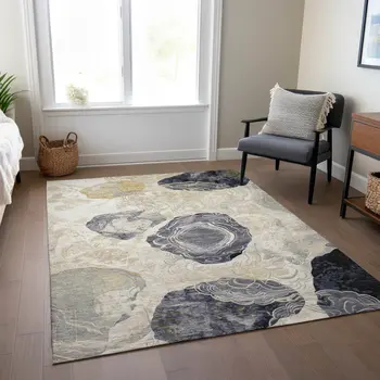 3' X 5' Ivory Gold And Gray Floral Washable Indoor Outdoor Area Rug