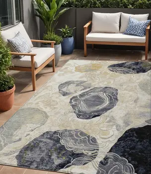 5' X 8' Ivory Gold And Gray Floral Washable Indoor Outdoor Area Rug