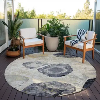 8' Ivory Gold And Gray Round Floral Washable Indoor Outdoor Area Rug