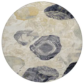 8' Ivory Gold And Gray Round Floral Washable Indoor Outdoor Area Rug