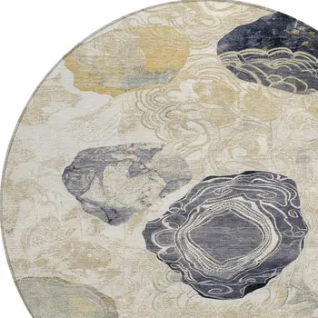 8' Ivory Gold And Gray Round Floral Washable Indoor Outdoor Area Rug