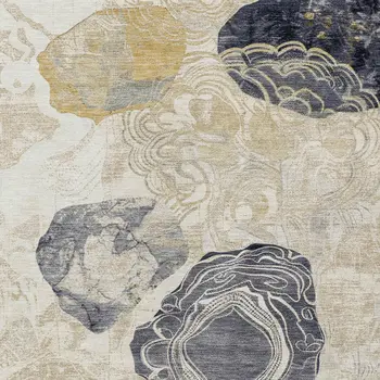 8' X 10' Ivory Gold And Gray Floral Washable Indoor Outdoor Area Rug
