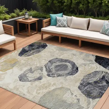 9' X 12' Ivory Gold And Gray Floral Washable Indoor Outdoor Area Rug