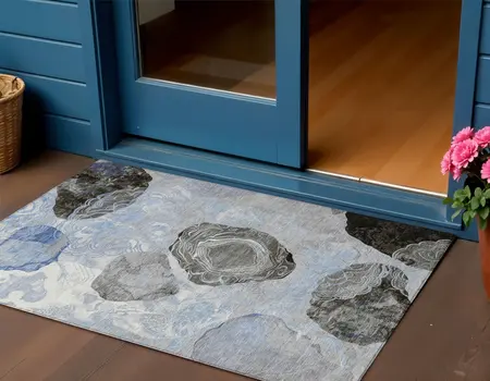 3' X 5' Sky Blue Charcoal And Ivory Floral Washable Indoor Outdoor Area Rug