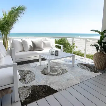 3' X 5' Sky Blue Charcoal And Ivory Floral Washable Indoor Outdoor Area Rug