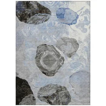 5' X 8' Sky Blue Charcoal And Ivory Floral Washable Indoor Outdoor Area Rug