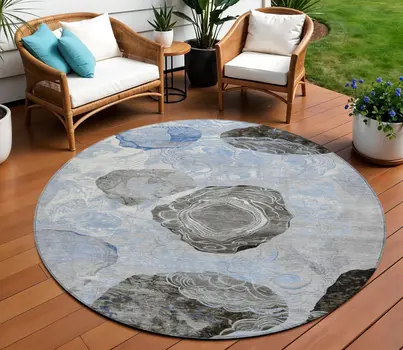 8' Sky Blue Charcoal And Ivory Round Floral Washable Indoor Outdoor Area Rug