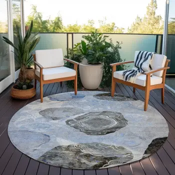 8' Sky Blue Charcoal And Ivory Round Floral Washable Indoor Outdoor Area Rug