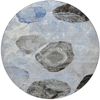 8' Sky Blue Charcoal And Ivory Round Floral Washable Indoor Outdoor Area Rug