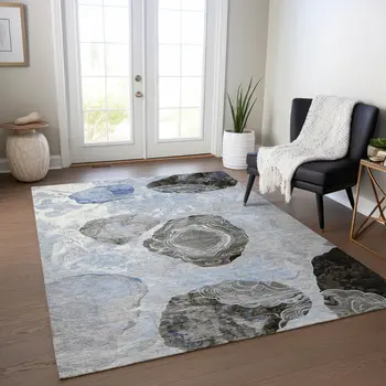 9' X 12' Sky Blue Charcoal And Ivory Floral Washable Indoor Outdoor Area Rug