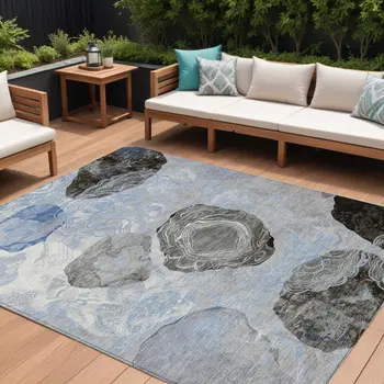 10' X 14' Sky Blue Charcoal And Ivory Floral Washable Indoor Outdoor Area Rug