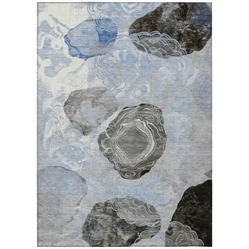 10' X 14' Sky Blue Charcoal And Ivory Floral Washable Indoor Outdoor Area Rug