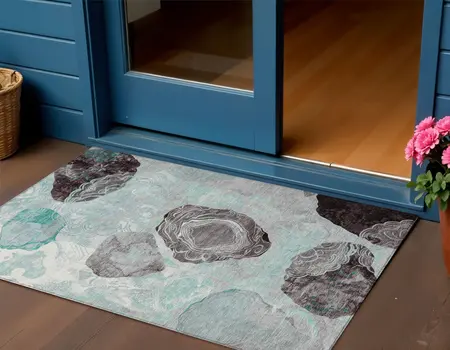 3' X 5' Teal Blue Charcoal And Ivory Floral Washable Indoor Outdoor Area Rug