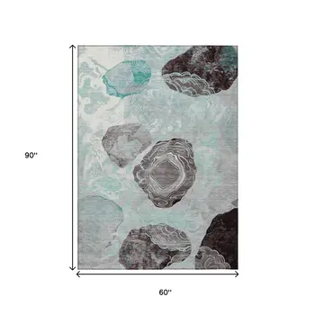5' X 8' Teal Blue Charcoal And Ivory Floral Washable Indoor Outdoor Area Rug