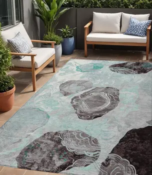 5' X 8' Teal Blue Charcoal And Ivory Floral Washable Indoor Outdoor Area Rug