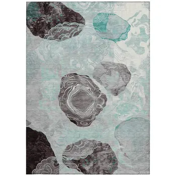 5' X 8' Teal Blue Charcoal And Ivory Floral Washable Indoor Outdoor Area Rug