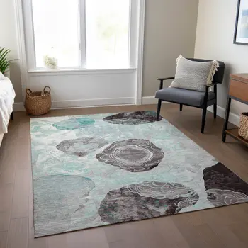 5' X 8' Teal Blue Charcoal And Ivory Floral Washable Indoor Outdoor Area Rug